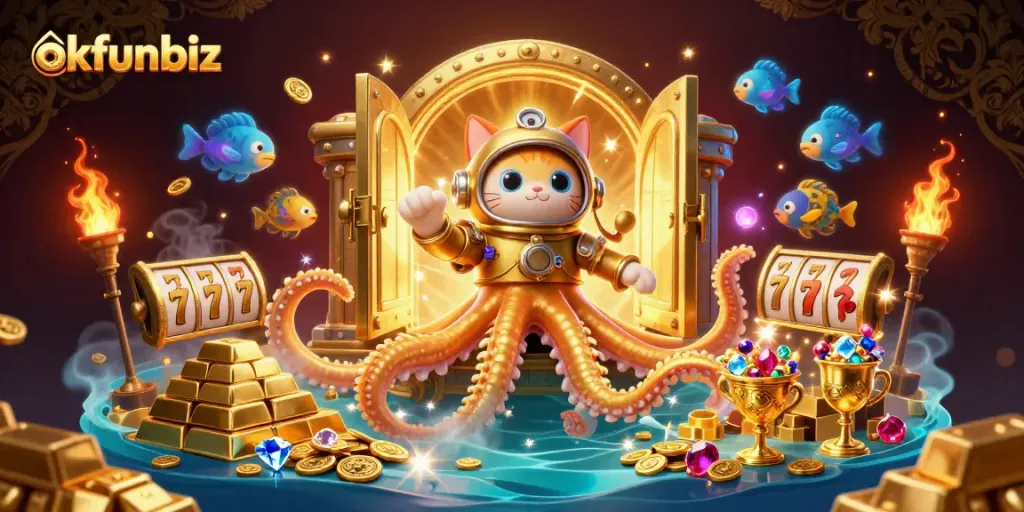 Experience the thrill of okfunbiz with a captivating 3D kraken casino scene filled with treasures.