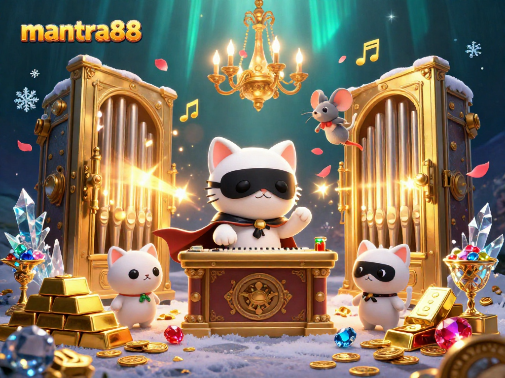 Play exhilarating games at mantra88, featuring a whimsical scene with a masked cat and dazzling rich treasures.
