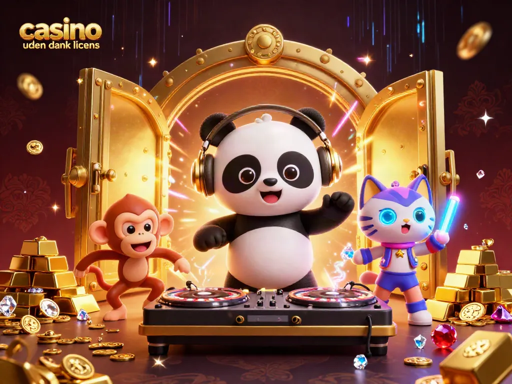 Engage with vibrant casino uden dansk licens scene featuring DJ panda, breakdancing monkey, and glowing kitten.