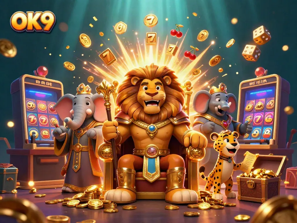Experience exciting wins at OK9 with animated casino characters and vibrant slots bursting with coins.