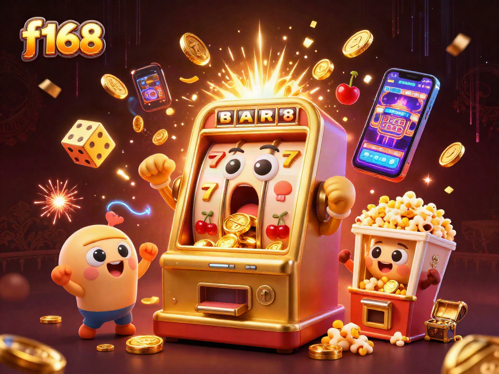 Spin the f168 slot machine and watch golden coins burst as jackpots explode in a festive casino scene.