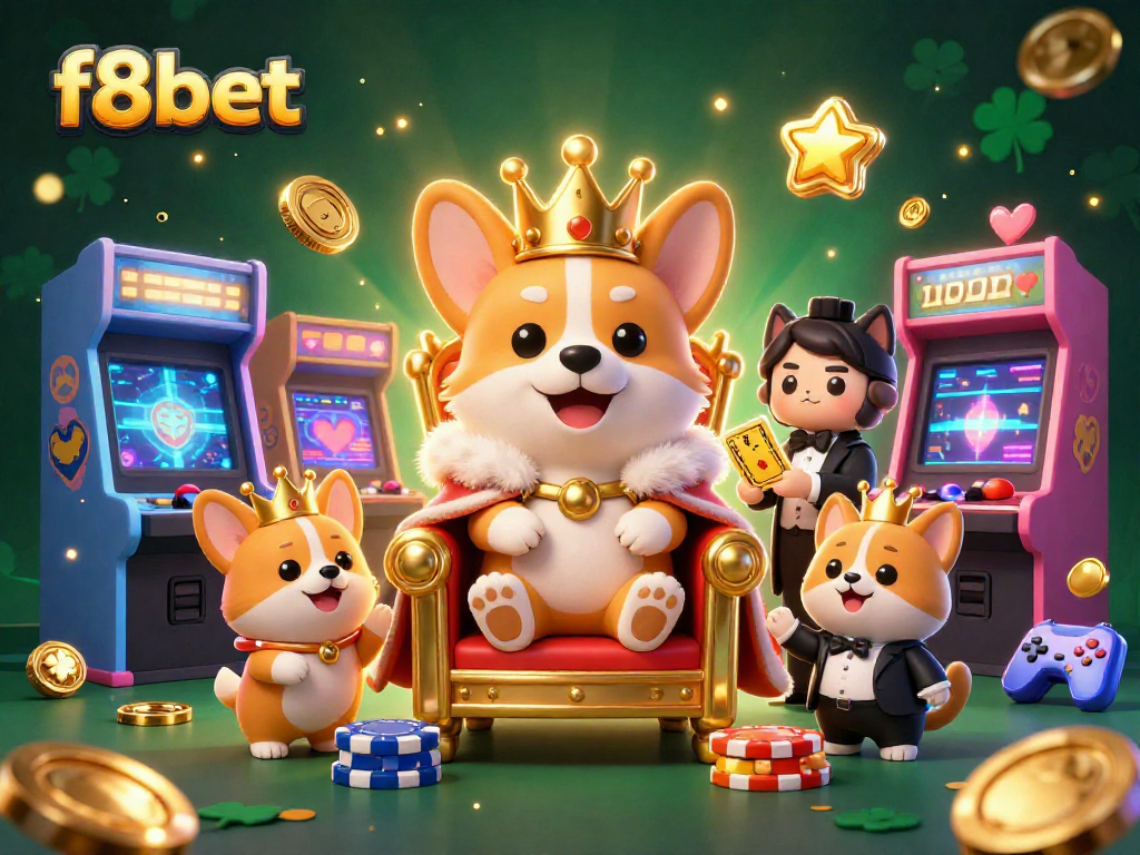Experience winning strategies with f8bet's vibrant gaming scene featuring a royal corgi and exciting casino elements.