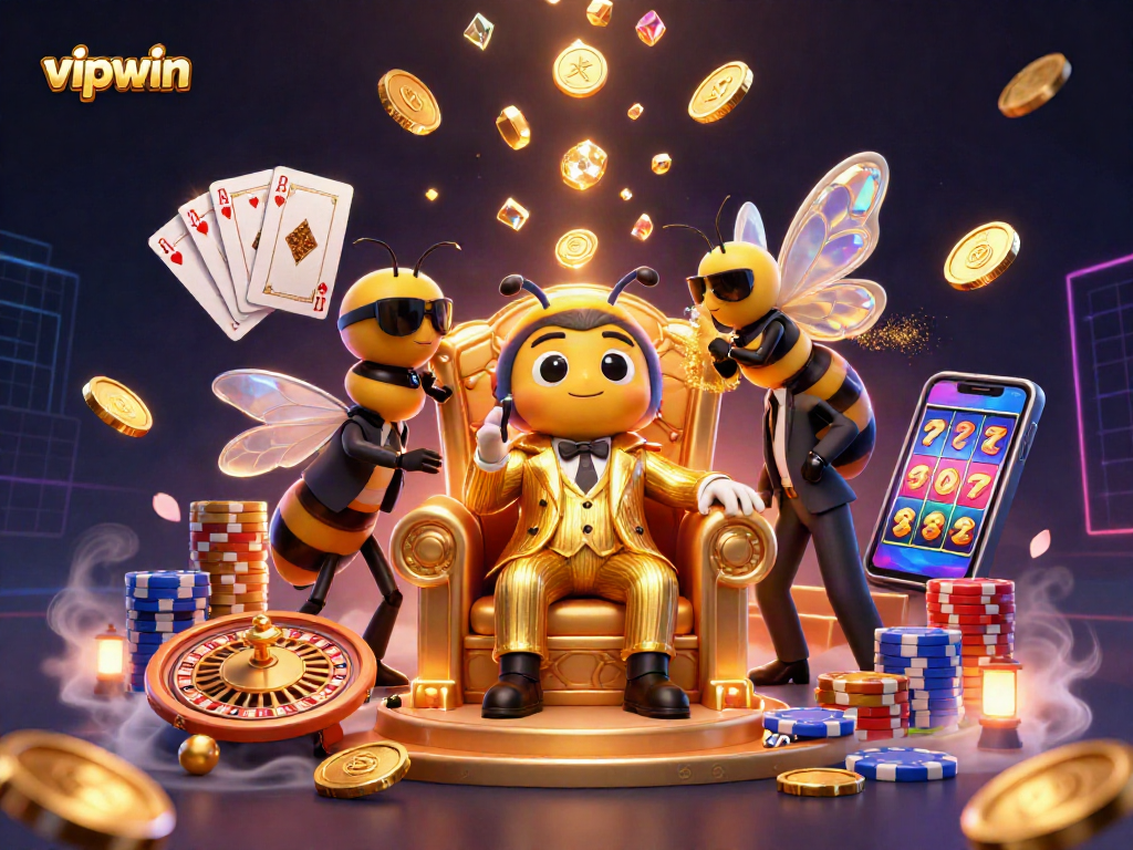 Engage in vipwin's lively atmosphere featuring a bumblebee mob boss and wasp bodyguards amidst sparkling casino elements.