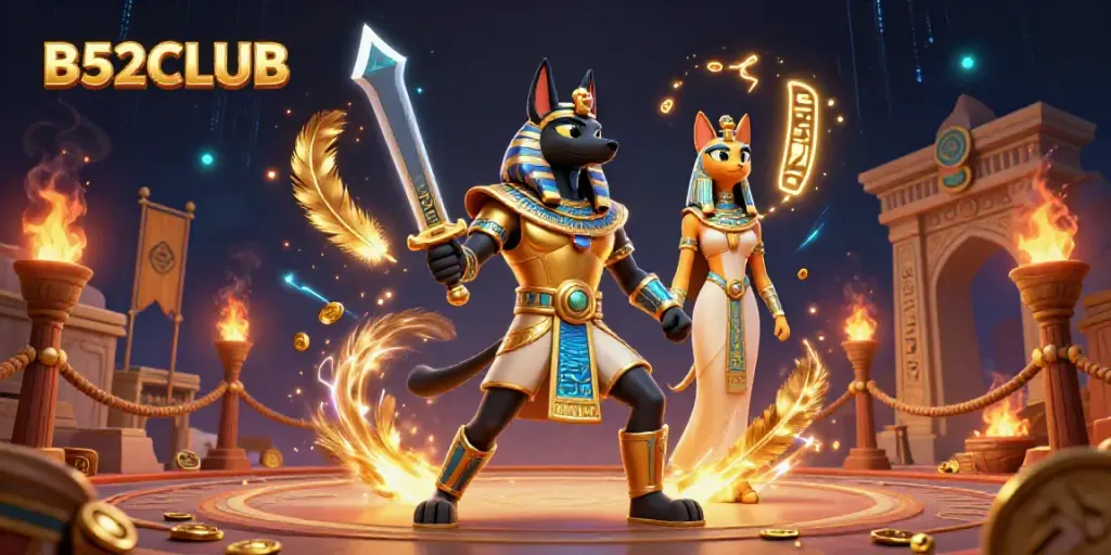 Engage with B52CLUB in a vibrant, immersive 3D casino battlefield featuring Anubis and Bastet.