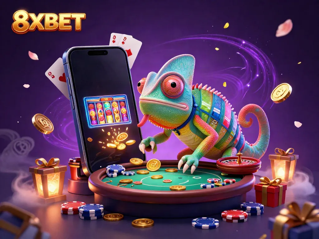 Engage with 8XBET, showcasing a vibrant cartoon chameleon casino owner amidst casino elements.
