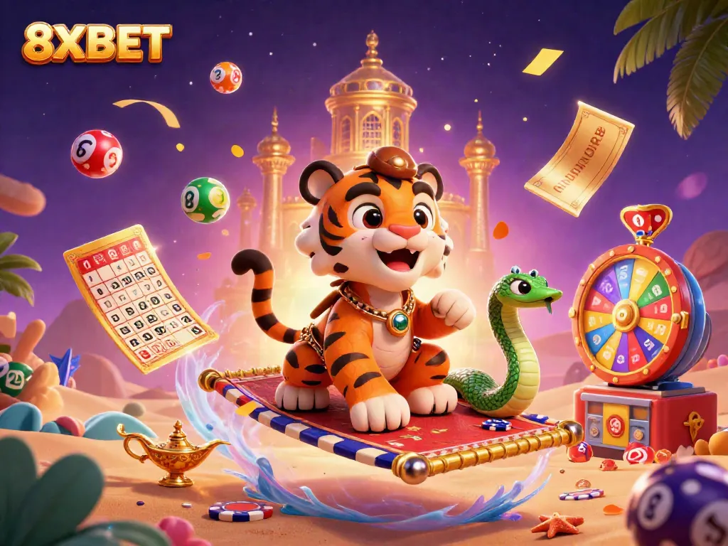 Experience thrilling gameplay at 8XBET with a vibrant 3D casino scene, featuring a magical tiger sultan and dynamic lottery elements.