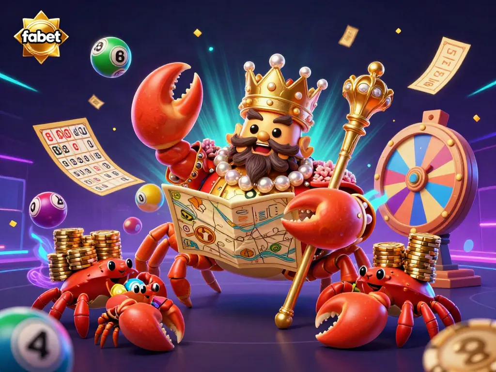 Engage with fabet's vibrant gaming scene featuring the golden crab emperor amidst colorful lottery elements.