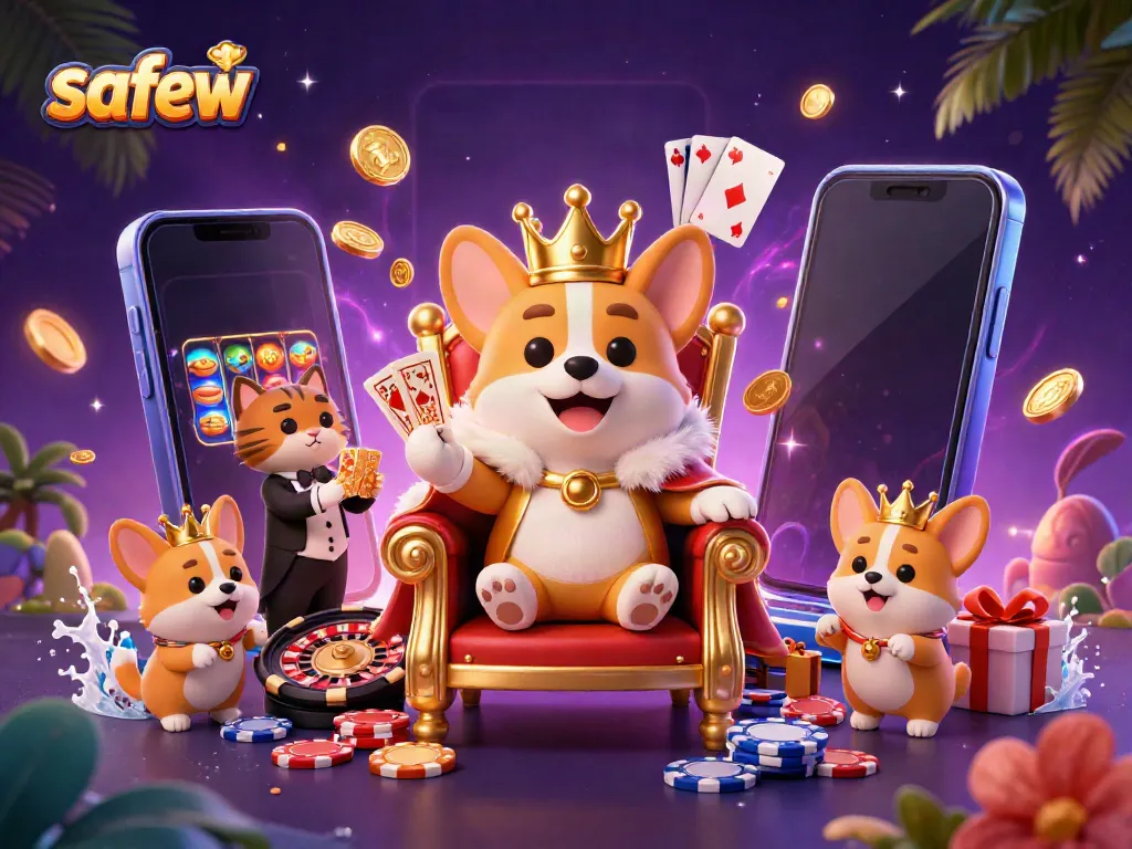 Engage with safew, showcasing a royal corgi king amidst casino elements for a vibrant gaming atmosphere.