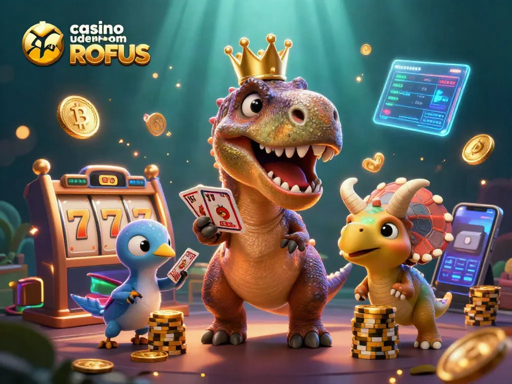 Experience the thrill of casino uden om ROFUS with a playful T-Rex shuffling cards and vibrant elements.