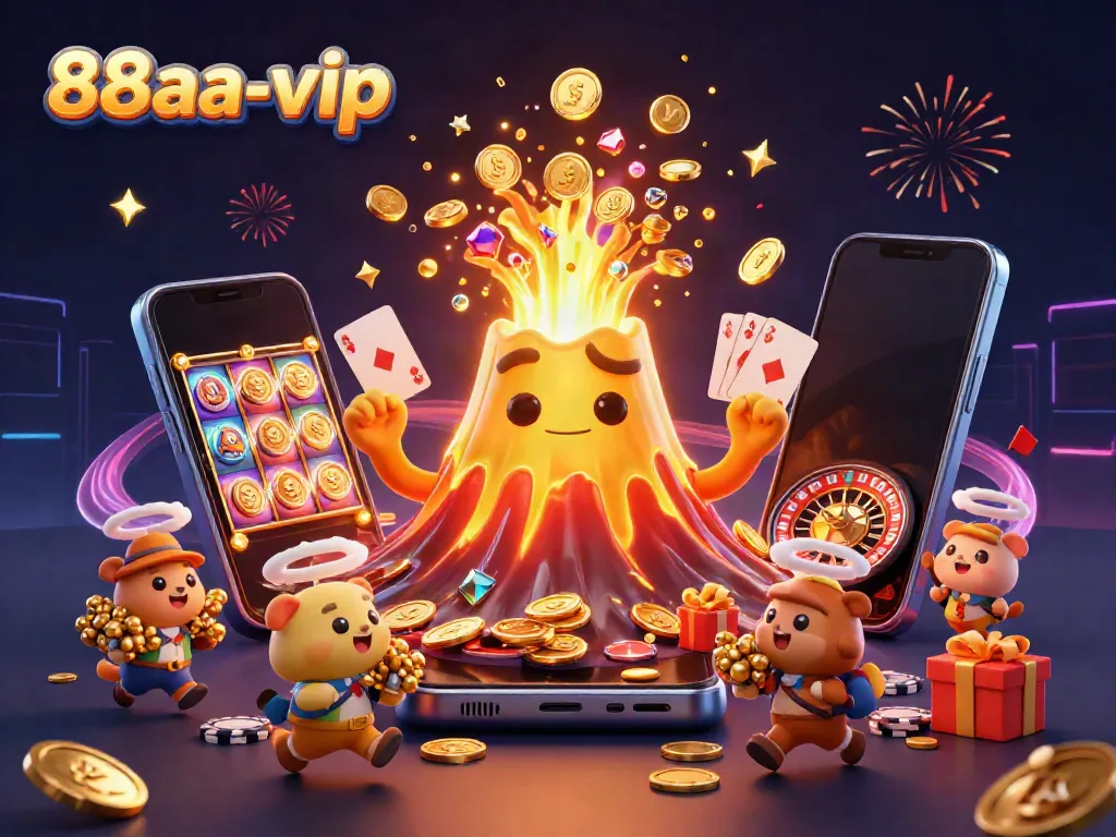 Experience the excitement of 88aa-vip with a 3D volcano erupting treasure and gaming elements.