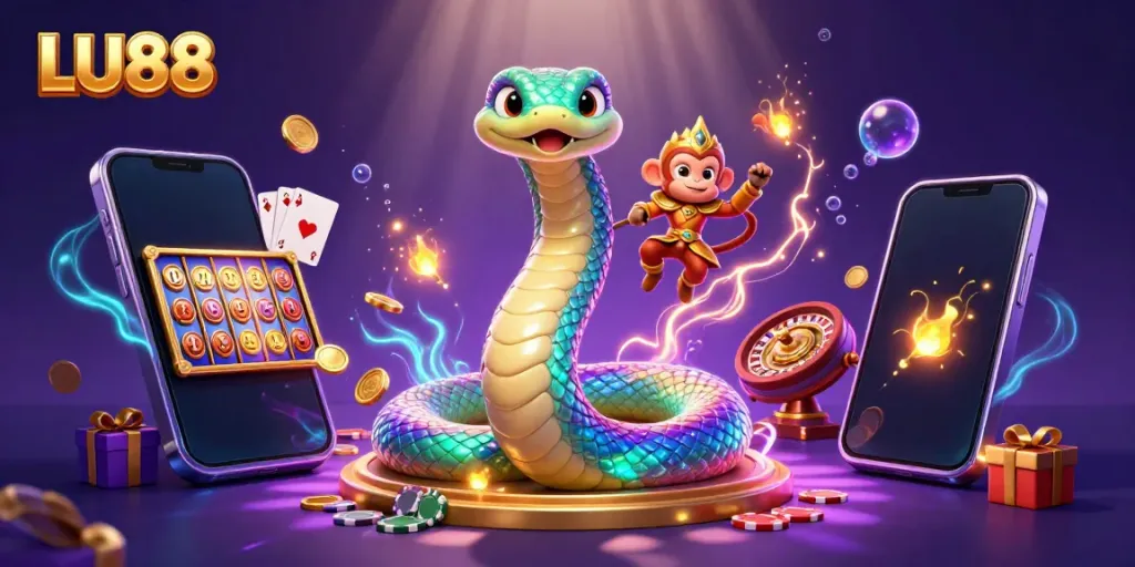 Play slot games with LU88 in a vibrant 3D casino setting featuring magical elements.