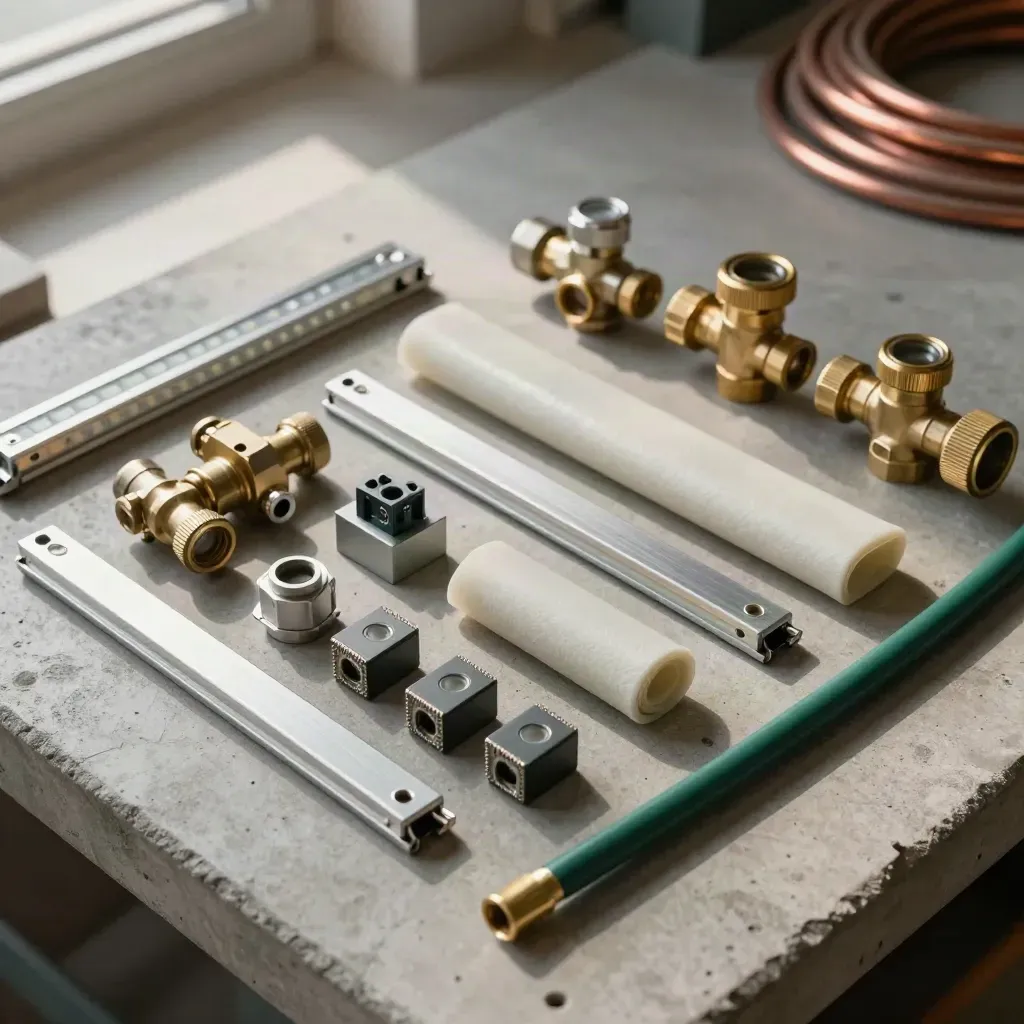 Bovenaanzicht van retrofit-onderdelen op een betonnen werkbank met LED-strips en radiatorkranen.