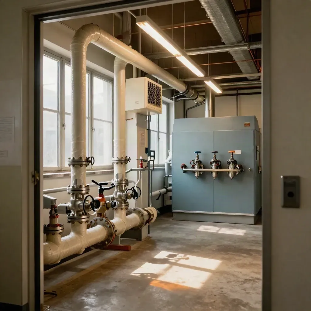 Lege ketelruimte met geïsoleerde leidingen, LED-balken en ventilatie-unit in warm daglicht.