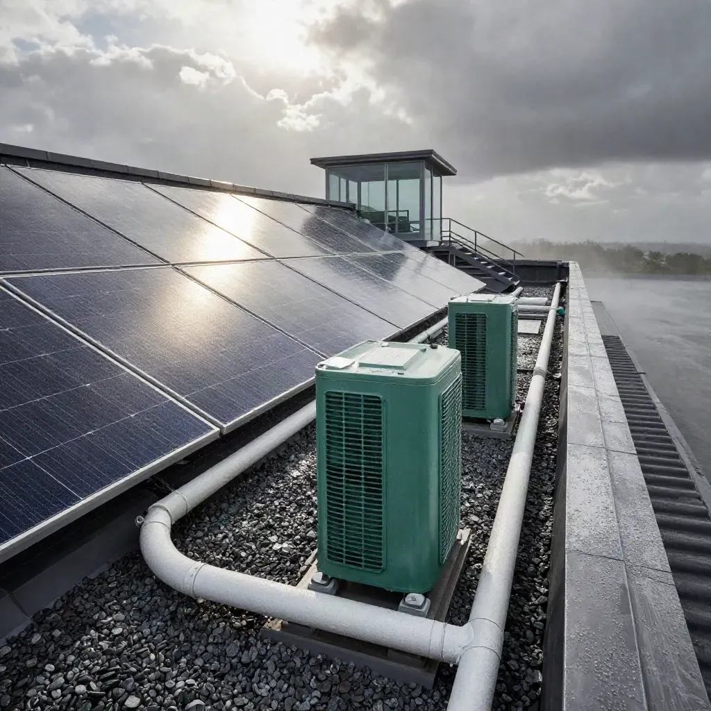 Dak met zonnepanelen, warmtepomp en natte leidingen in zacht zonlicht na regen.