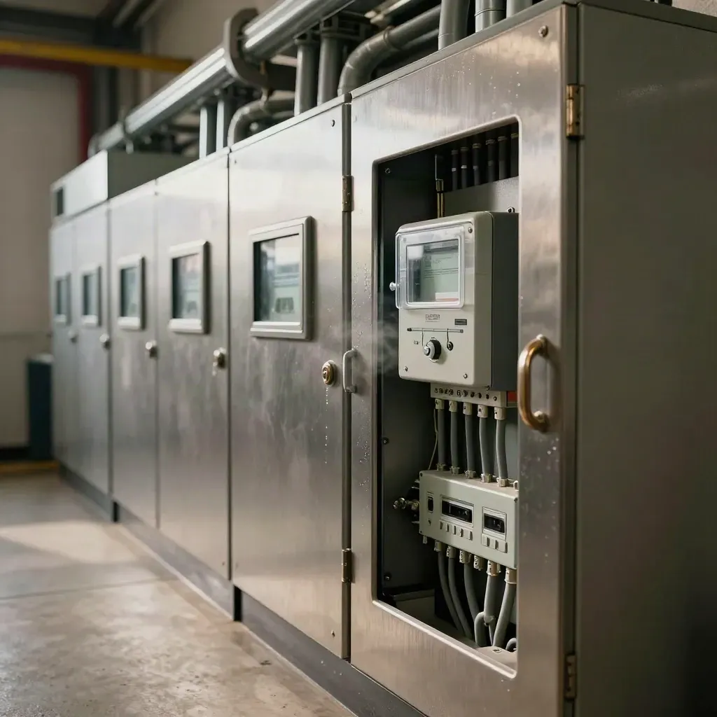 Rij energiemeterkasten en submeter modules in een technische gang, met halfopen servicepaneel.