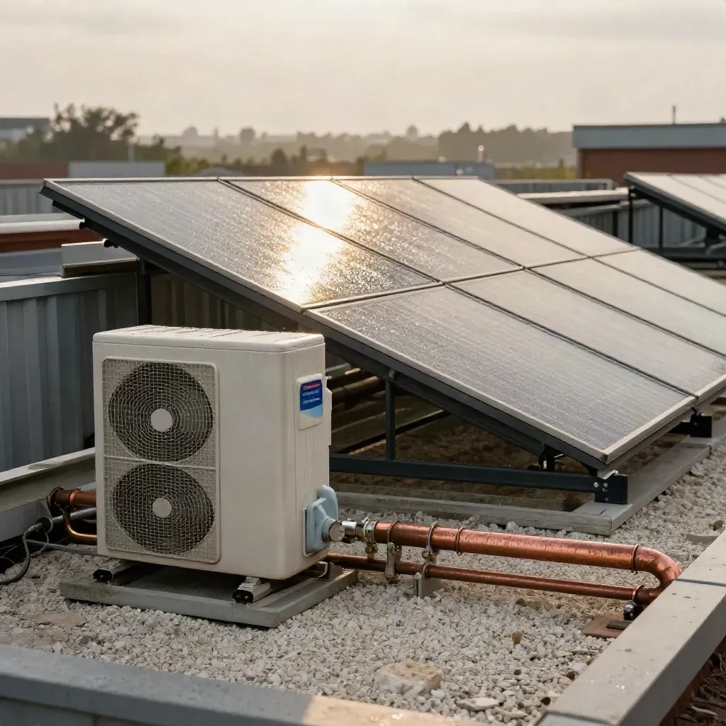 Warmtepomp, zonnecollectoren en warmwatervat op een nat plat dak na regen