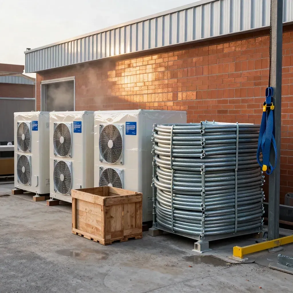 HVAC-modules en leidingbundels klaar bij een nette gevel in de serviceyard.