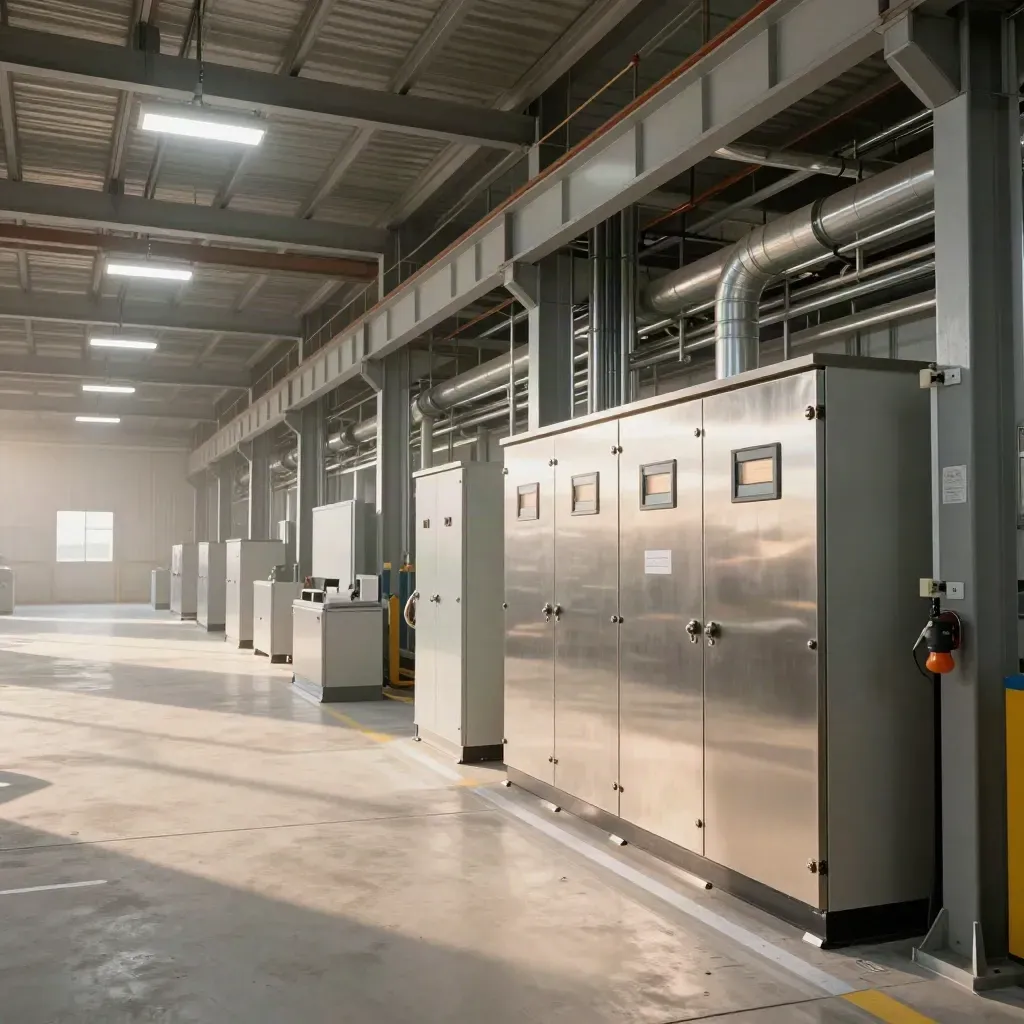 Verlichte fabriekshal met LED-bays, regelkasten en geïsoleerde leidingen na retrofit