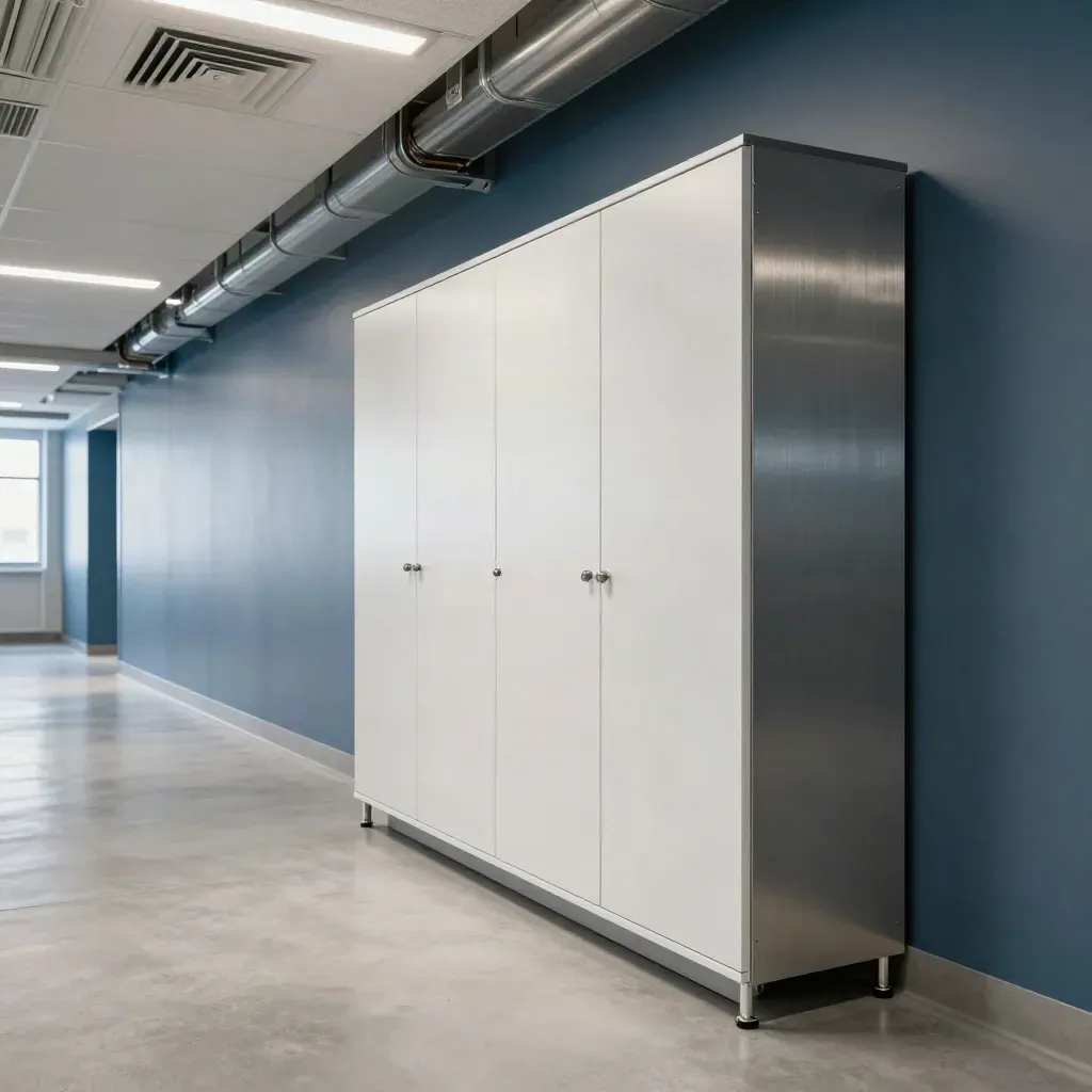 Stille kantoorinstallatieruimte met zonekast, plafondverlichting en afgesloten roosters.