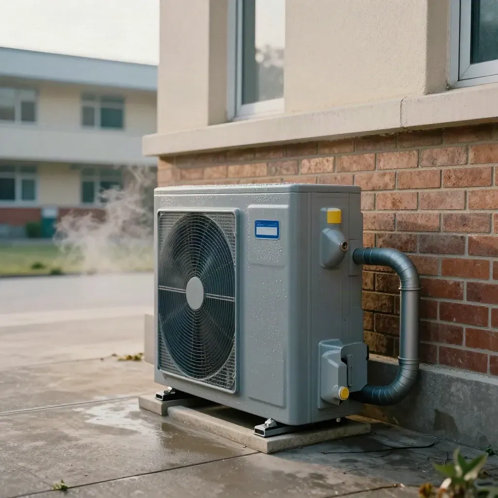 Warmtepomp buitenunit bij een schoolgevel in ochtenddauw, met stoom en een schone bakstenen wand.