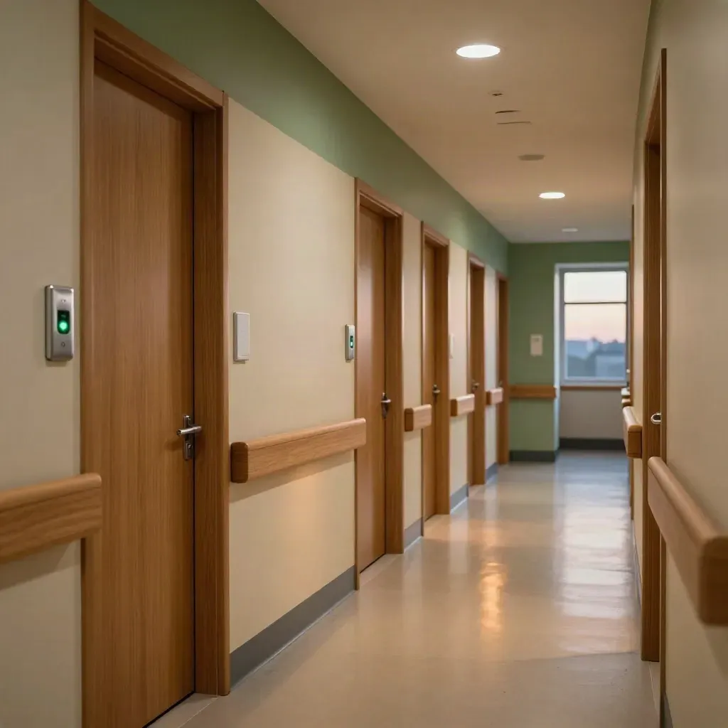 Stille zorglocatiegang met gedimde verlichting en stille energiehardware