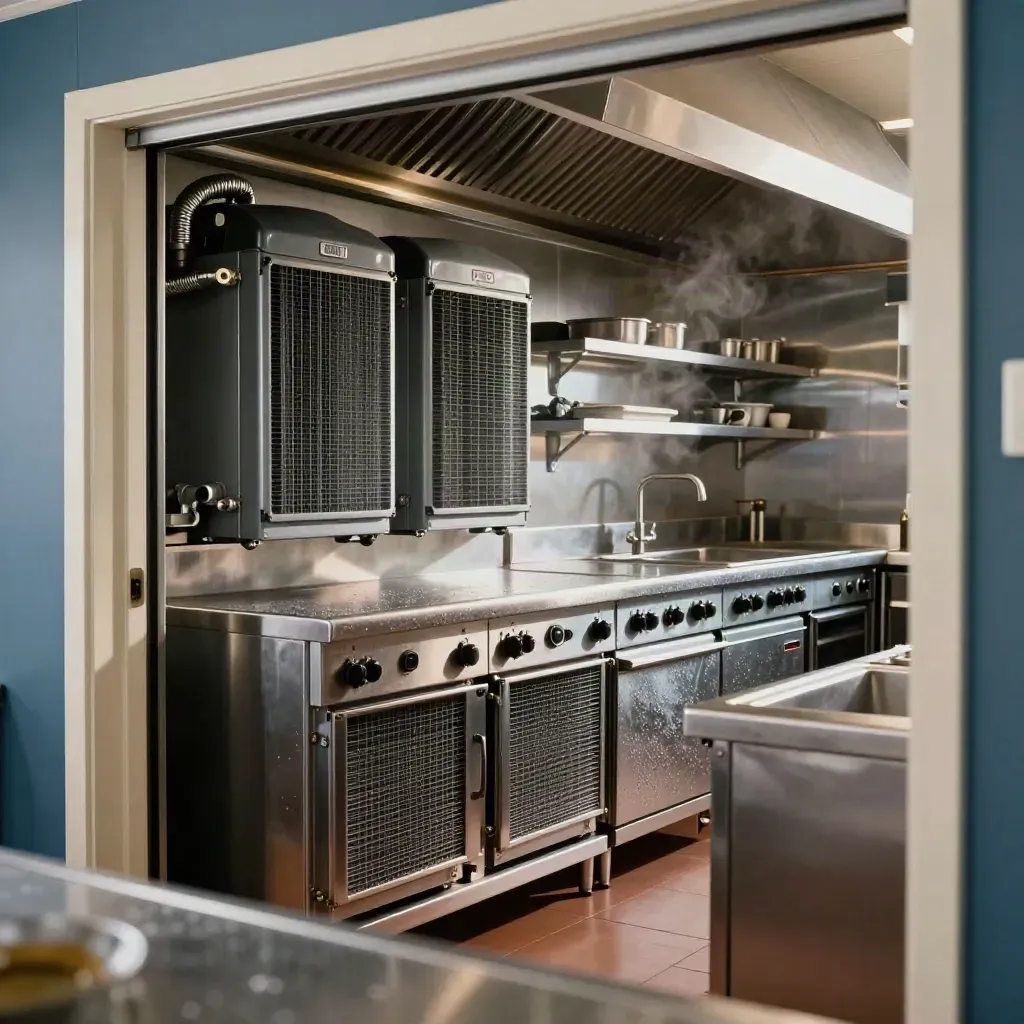 Lege horecakeuken met koele condensers, inductie en glanzend RVS in dramatisch licht.