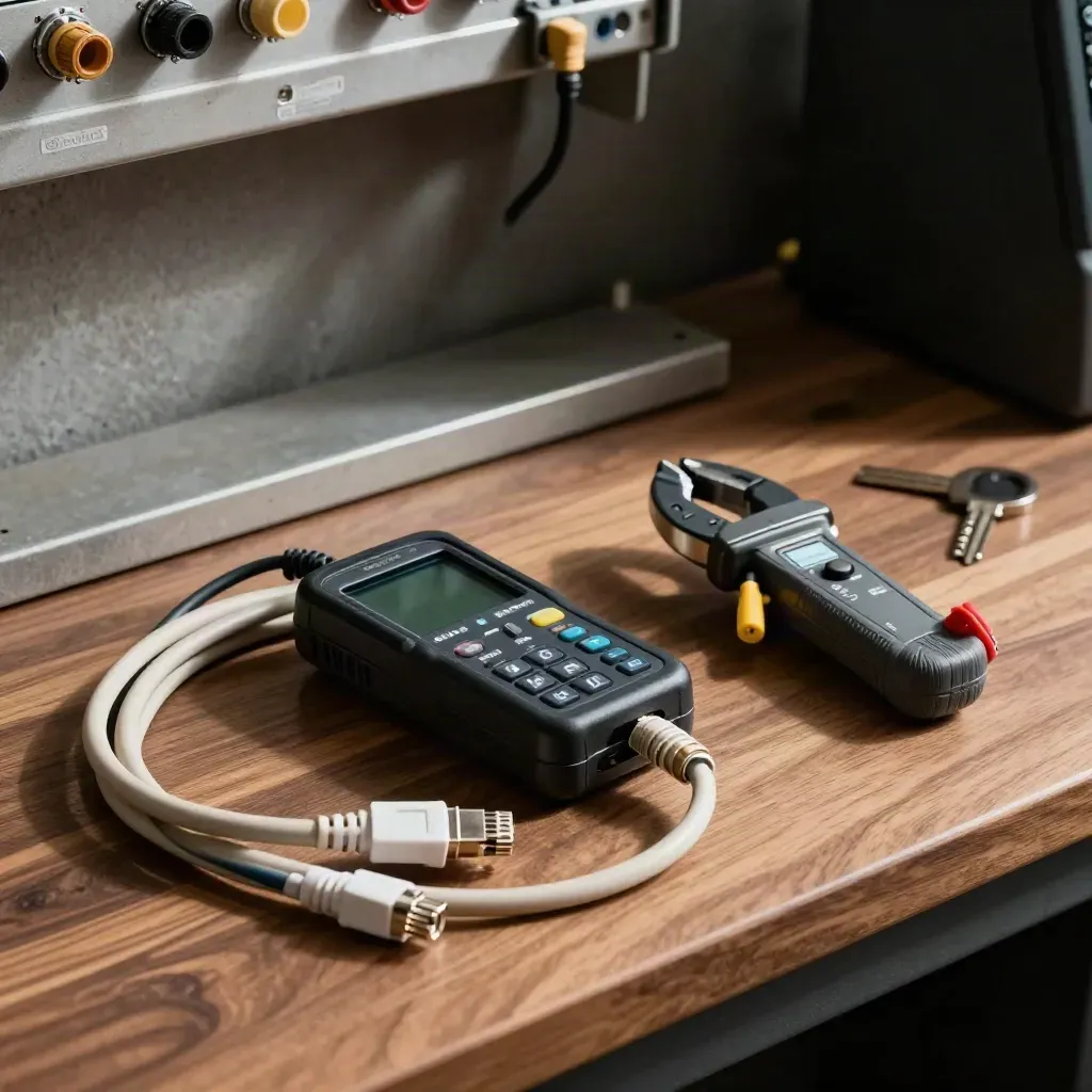Zwarte datalogger, ethernetkabels en stroomtang in een dramatische technische still life.