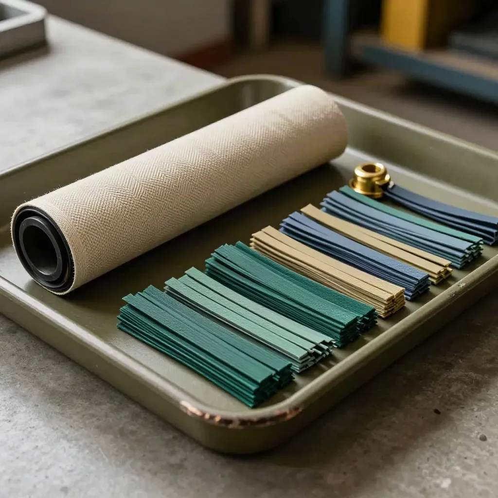 Strak geordende isolatiehuls, pakking, messing bevestiger en kabelbinders op een werkbank.