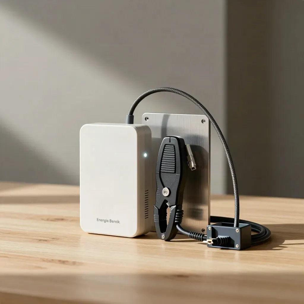 Slimme meter-gateway met clamp-sensor en datakabel op lichte houten ondergrond