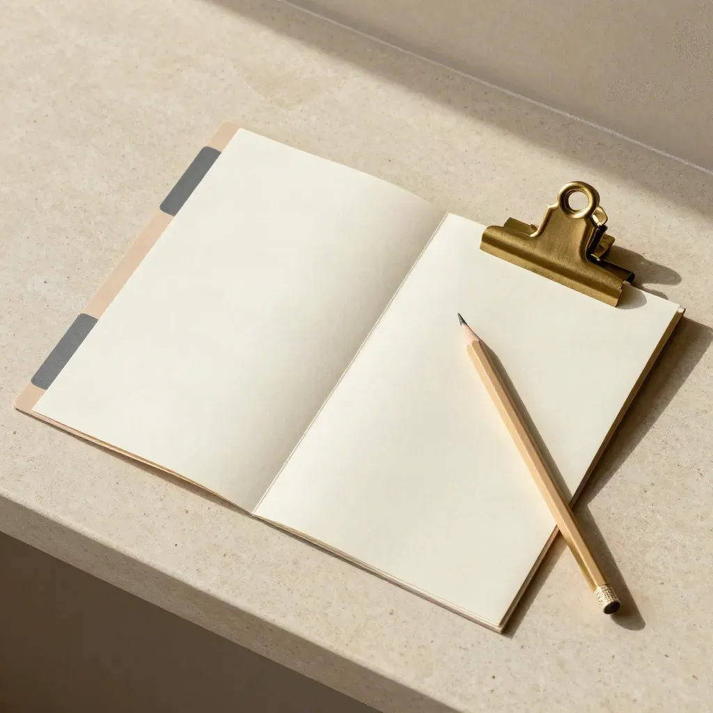 Platlay van een crèmekleurige presentatiefolder met tabs, potlood en messing clip op kalksteen.