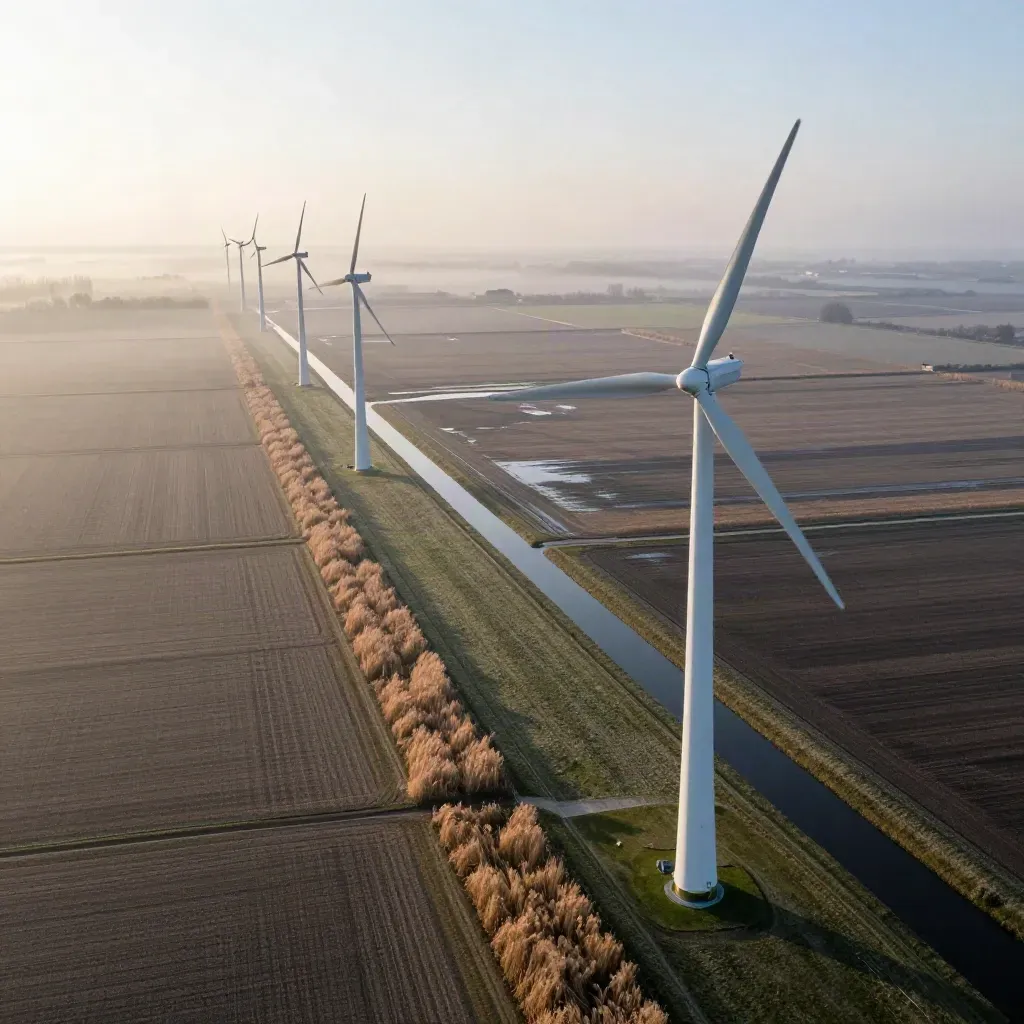 Mistige Noord-Hollandse polder met windturbines, waterstrook en hoge dijkrand