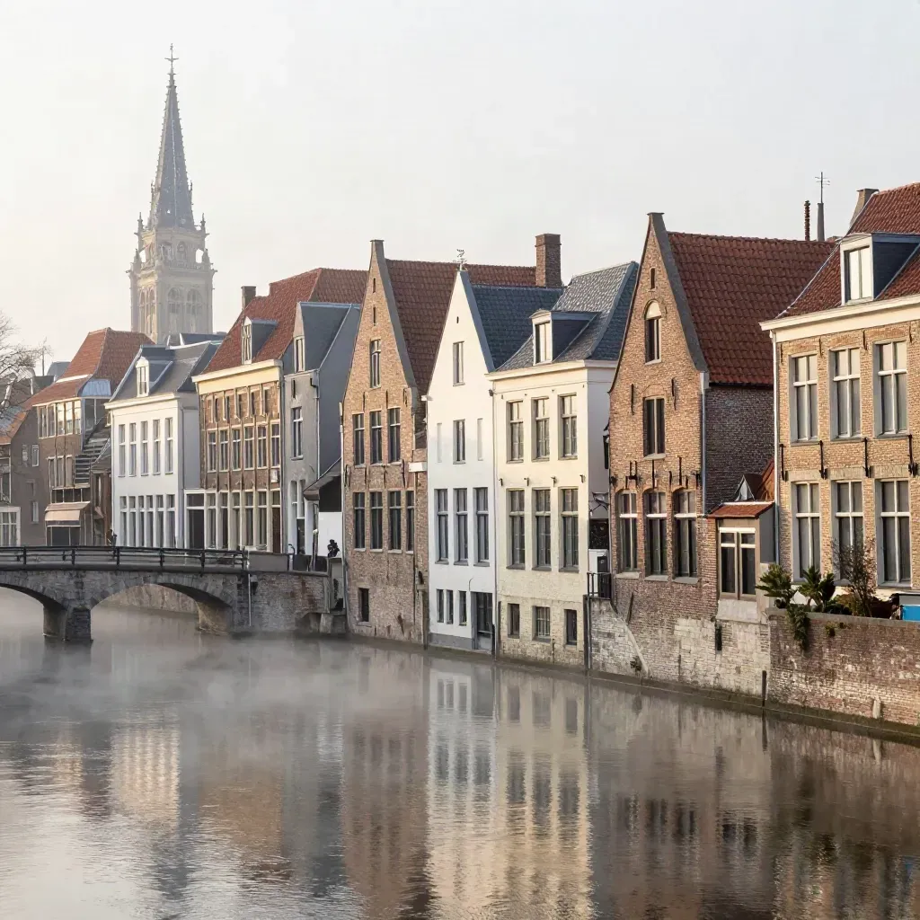 Utrechtse gracht met Domtoren boven stil water en ochtendmist