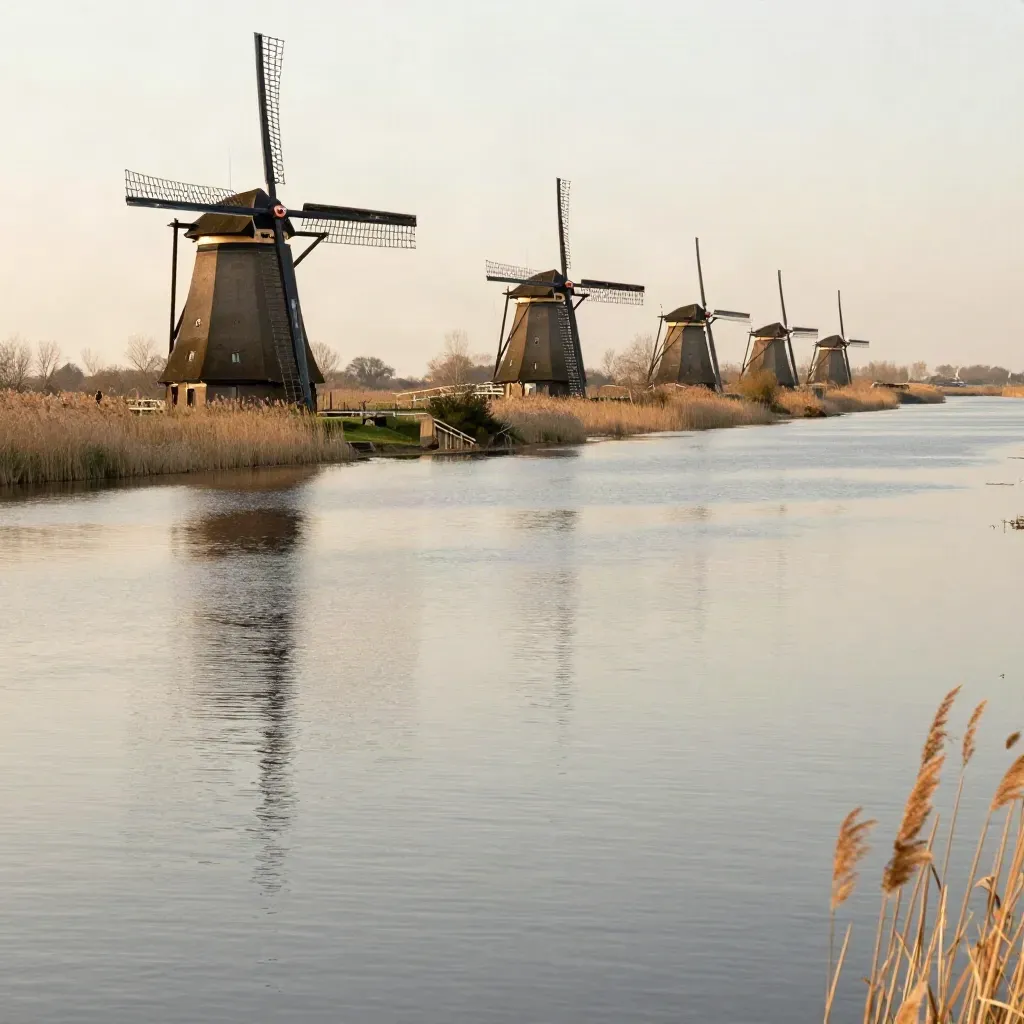 Kinderdijkse molens in gouden licht boven spiegelend water en riet in Zuid-Holland