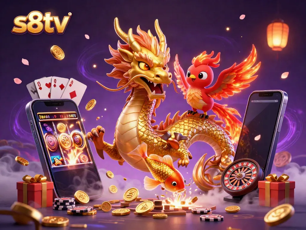 Experience the excitement of s8tv with golden dragon and vibrant casino elements in a dynamic illustration.