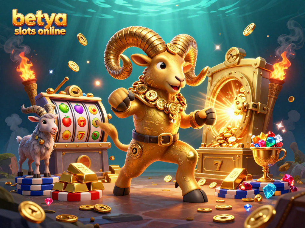Spin to win big with betya slots online featuring a dynamic golden ram charging through a treasure-filled scene.