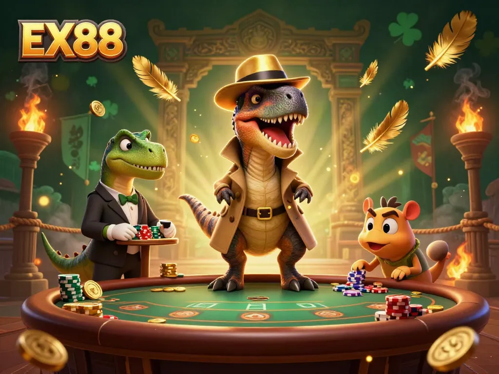 Experience the excitement of gambling with EX88 through a vibrant cartoon scene showing a clever velociraptor at a blackjack table.
