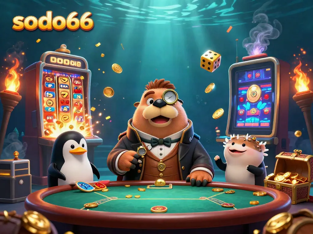 Sodo66 offers thrilling underwater gambling with a card-playing walrus, penguin dealer, and pufferfish in a colorful casino scene.