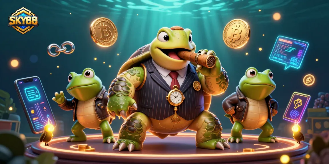 Experience the excitement of SKY88 with unique characters and vibrant casino elements in this dynamic illustration.