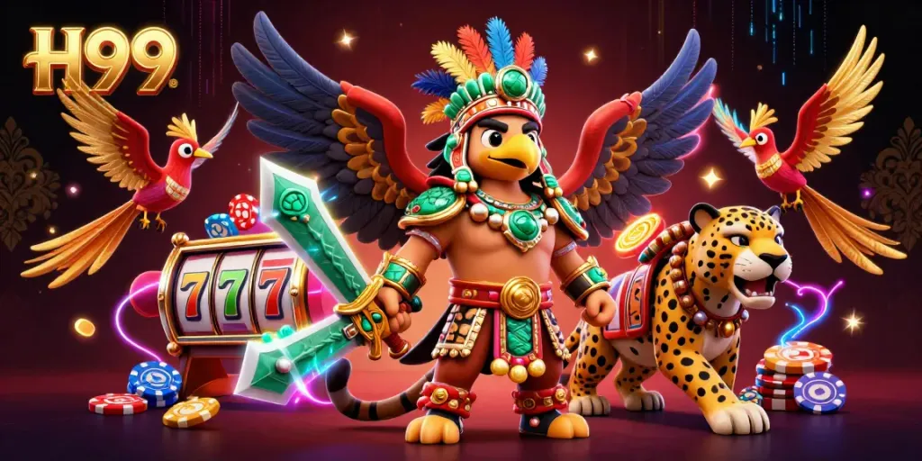 Experience dynamic gameplay at H99 Casino with an Aztec warrior, jaguar companion, and rich casino elements.
