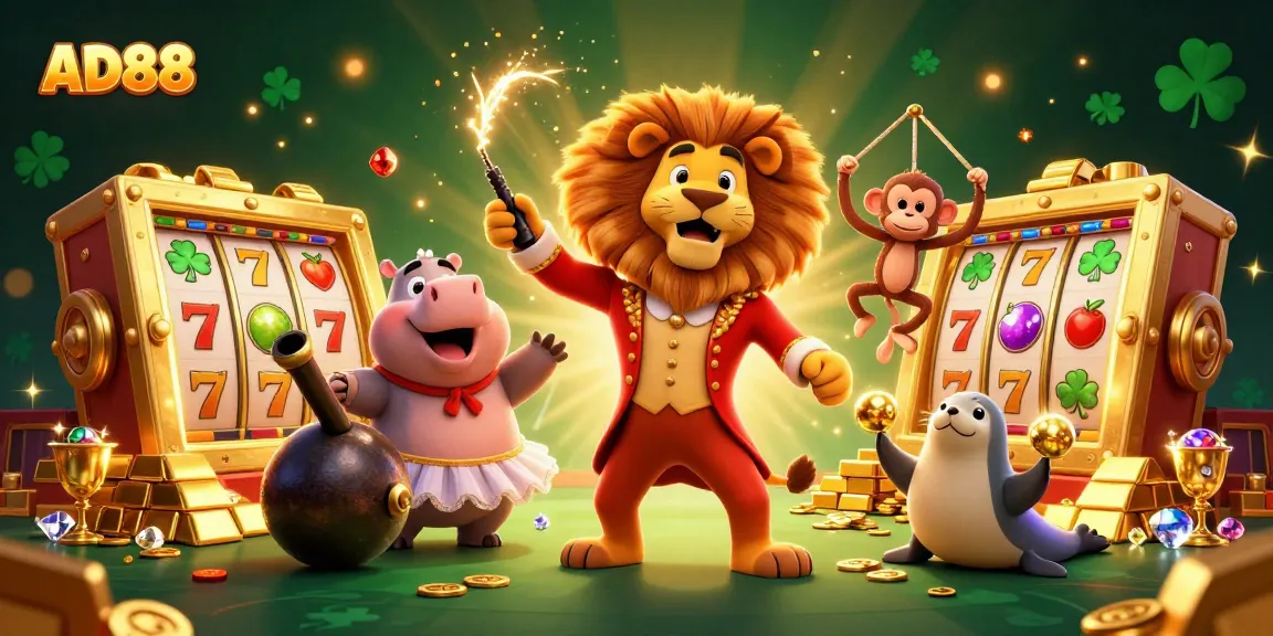 Join the action at AD88 with a lively casino scene featuring a whimsical circus cast and slot machine excitement.