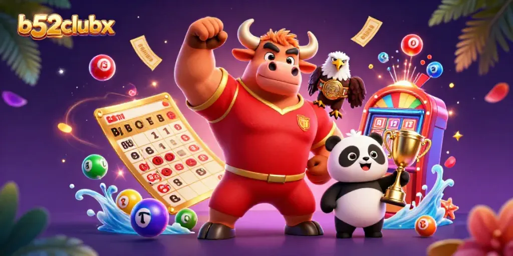 Win big with b52clubx featuring a bull mascot and colorful lottery elements in an exciting casino scene.