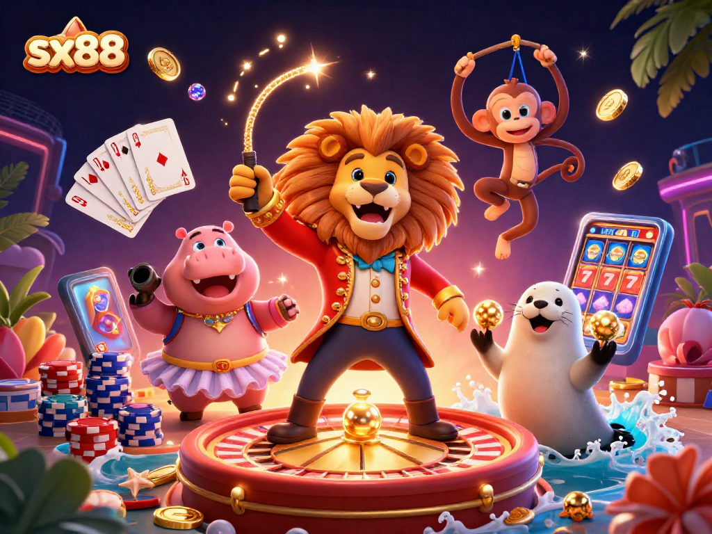SX88 brings excitement to the casino scene with a dynamic 3D illustration featuring a lion ringmaster and gambling elements
