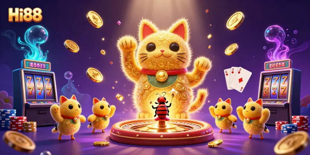 Experience the luck with Hi88 as a lucky cat surrounded by casino thrills.