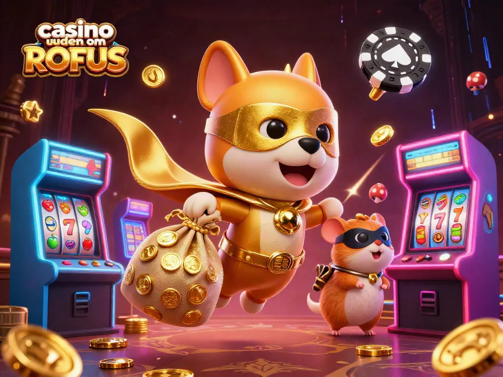 Embrace the excitement of casino uden om ROFUS with our superhero dog in action, surrounded by gaming machines.