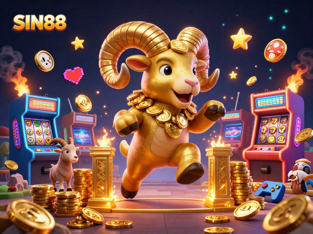 SIN88 features a golden ram charging through a vibrant casino scene with arcade games and slot elements.