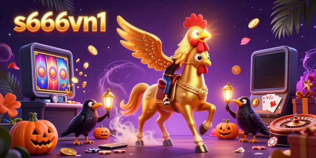S666vn1 golden rooster character in a casino scene with slot games and colorful lights