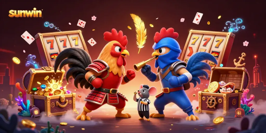 Engage in thrilling gameplay on Sunwin with dynamic cartoon fighting roosters and vibrant casino elements.
