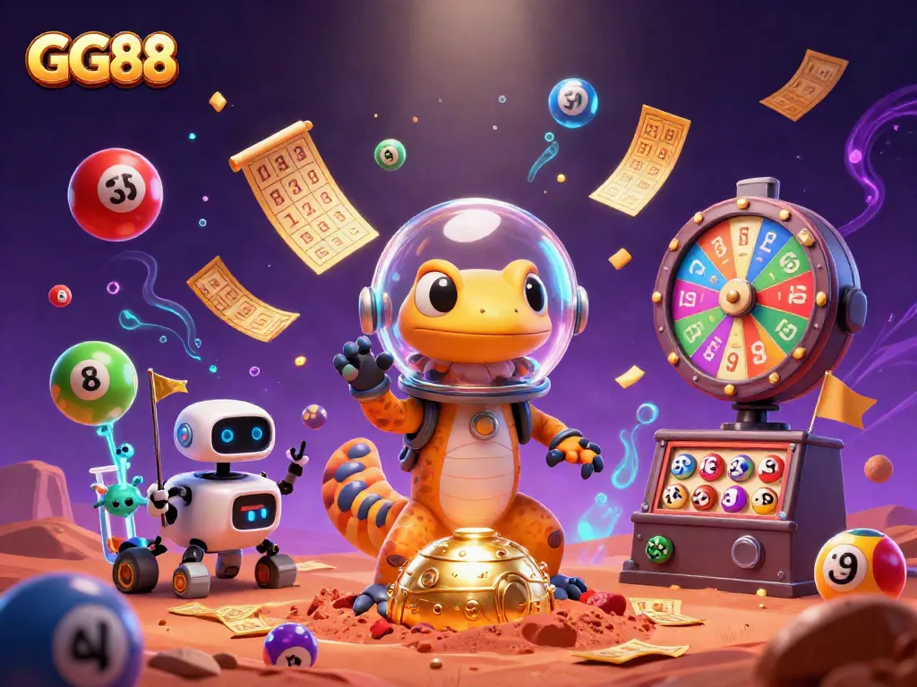 Experience GG88 with a joyful Martian gecko exploring a golden casino on Mars.