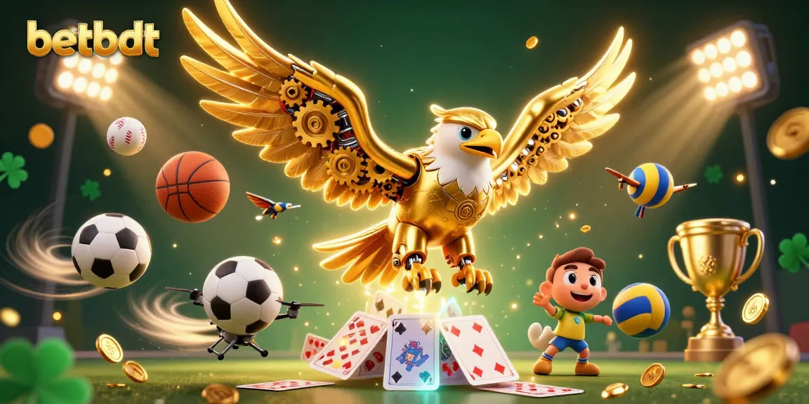 Experience thrilling gaming with betbdt's golden eagle amidst holographic cards and dynamic sports elements.