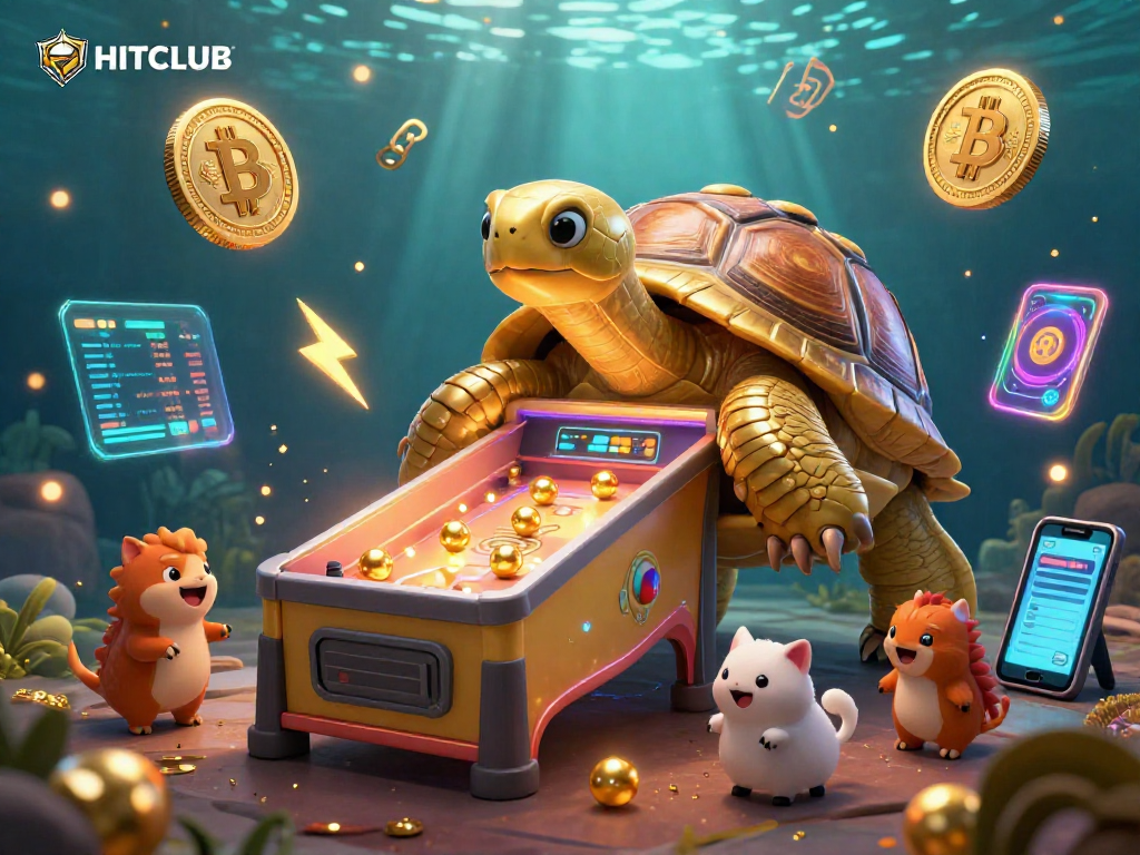 HITCLUB players enjoying vibrant 3D casino games amid exciting golden tortoise with pinball elements.